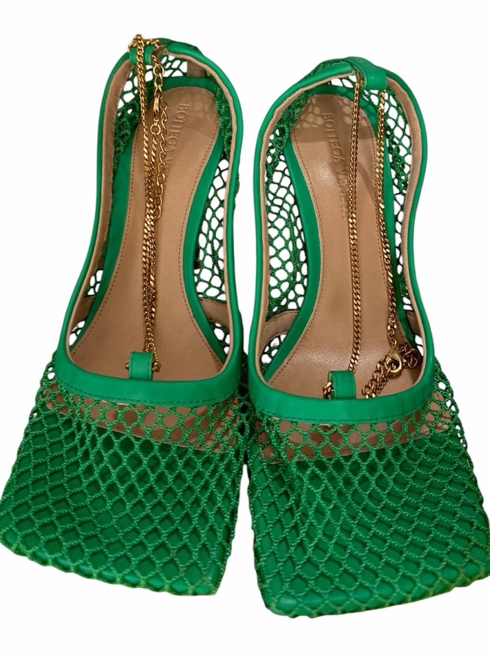 Bottega Veneta Green Mesh Chain Slingback Mules